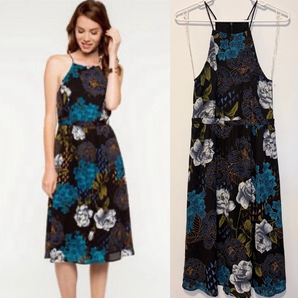 Everly Floral Halter Midi Dress Size S Black Blue Sleeveless High Neck Boho